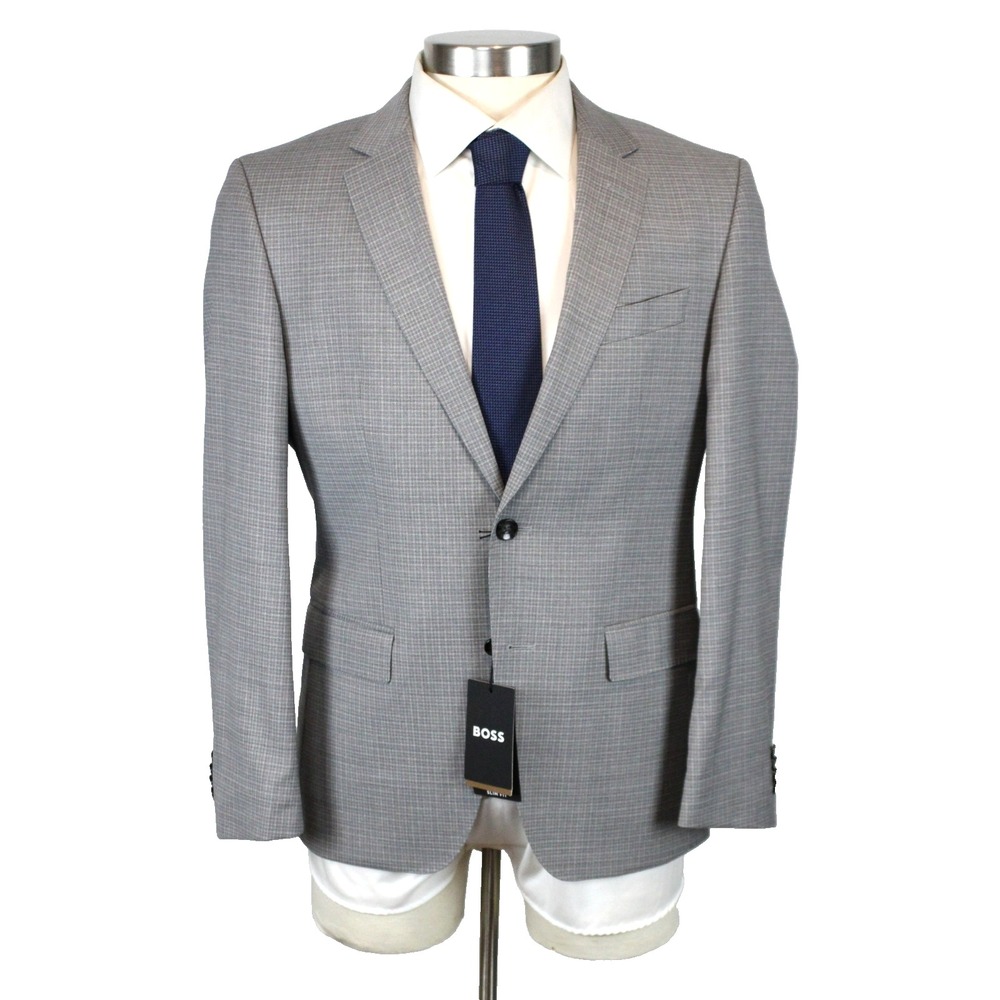 Hugo Boss Huge Suit 40 S Mens Slim Fit Grey Check Stretch Reda Wool 2 Piece